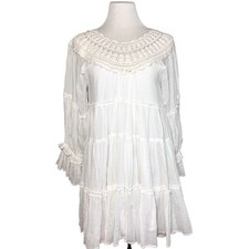 Free People Crochet Boat Neck Long Sleeve Tiered Flowy Boho Dress White Small