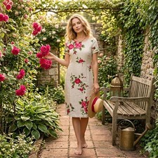 Match Vintage 90s Rose Floral Print Linen Sheath Dress Cottagecore Prairie 6P