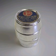 Vintage First Galesburg National Bank Advertising Barrel Coin Bank