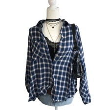 BDG Urban Outfitters Plaid Flannel Button Down Shirt Blue White Womens S Grunge