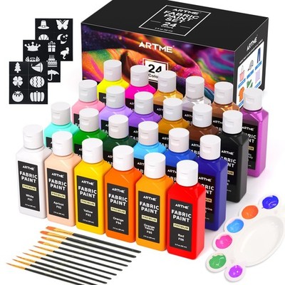 24 Colors Fabric Paint (60ml/2oz), Permanent Soft Fabric Paint Set with 10 Br...
