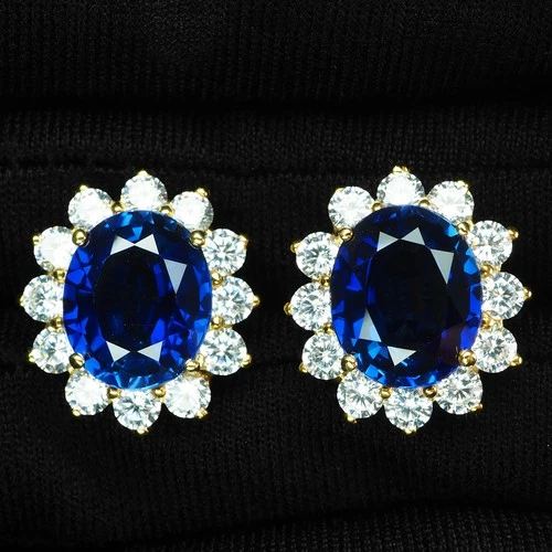 925 STERLING SILVER 24K GOLD EARRINGS PRECIOUS ROYAL BLUE SAPPHIRE OVAL 12.70CT