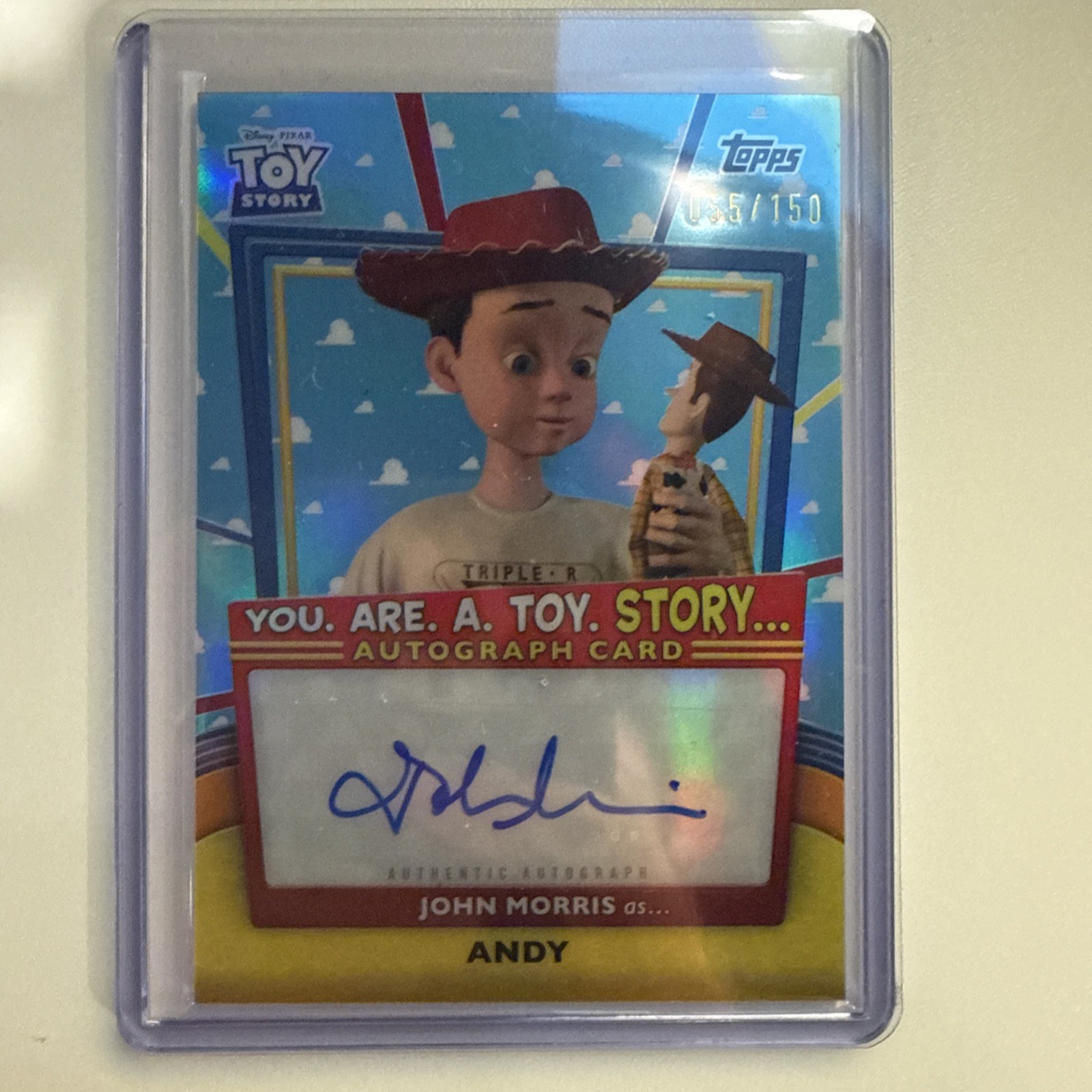 2025 Topps 30 Years Toy Story John Morris as Andy Auto Blue Sky 55/150