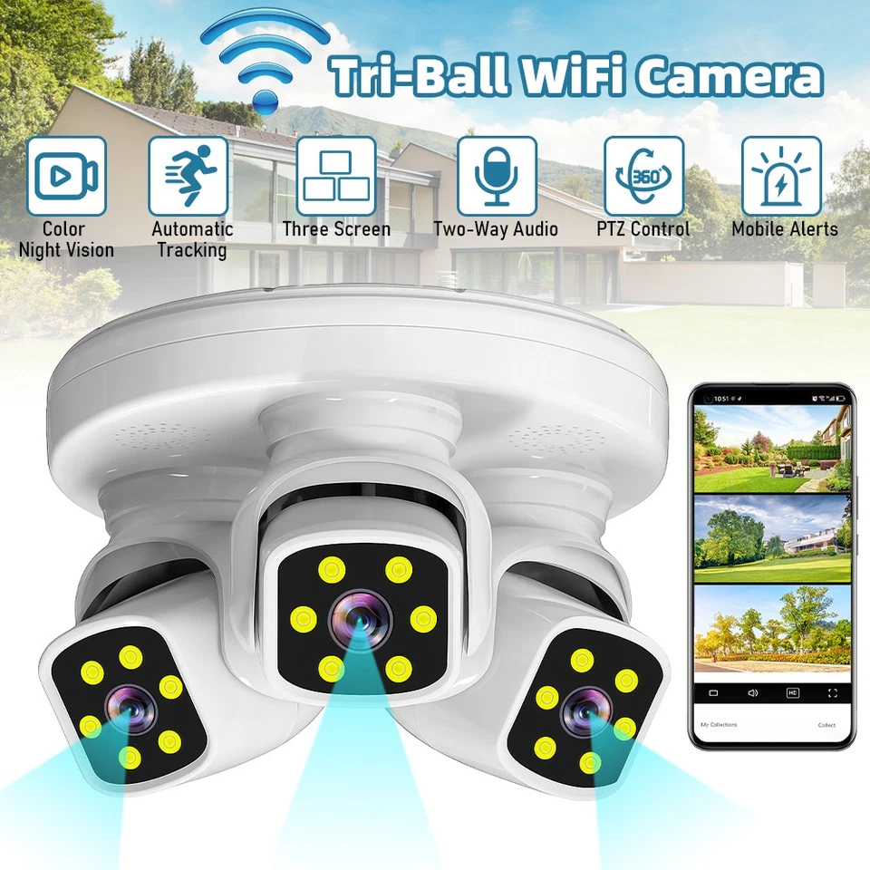 Sistema de cámara de seguridad para el hogar exterior WiFi inalámbrico con batería de 3 lentes panorámica/inclinable Foto 2 de 4