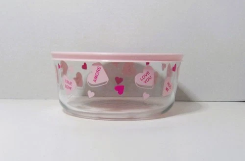Pyrex Glass Storage Bowl Valentine Conversation Hearts - 7 Cup Bowl with Lid