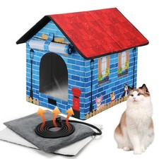 Heated Outdoor Cat House Double Door Heater Cats Shelter,Weatherproof Foldabl...
