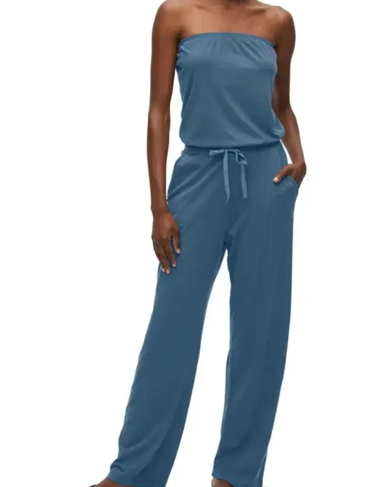 Michael Stars Skye Jumpsuit Strapless Modal Drawstring Pebble Blue Medium