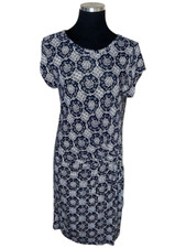 Loft Dress Women Sz M Navy Blue Faux Wrap Lined Knit Floral Stretch Career Work