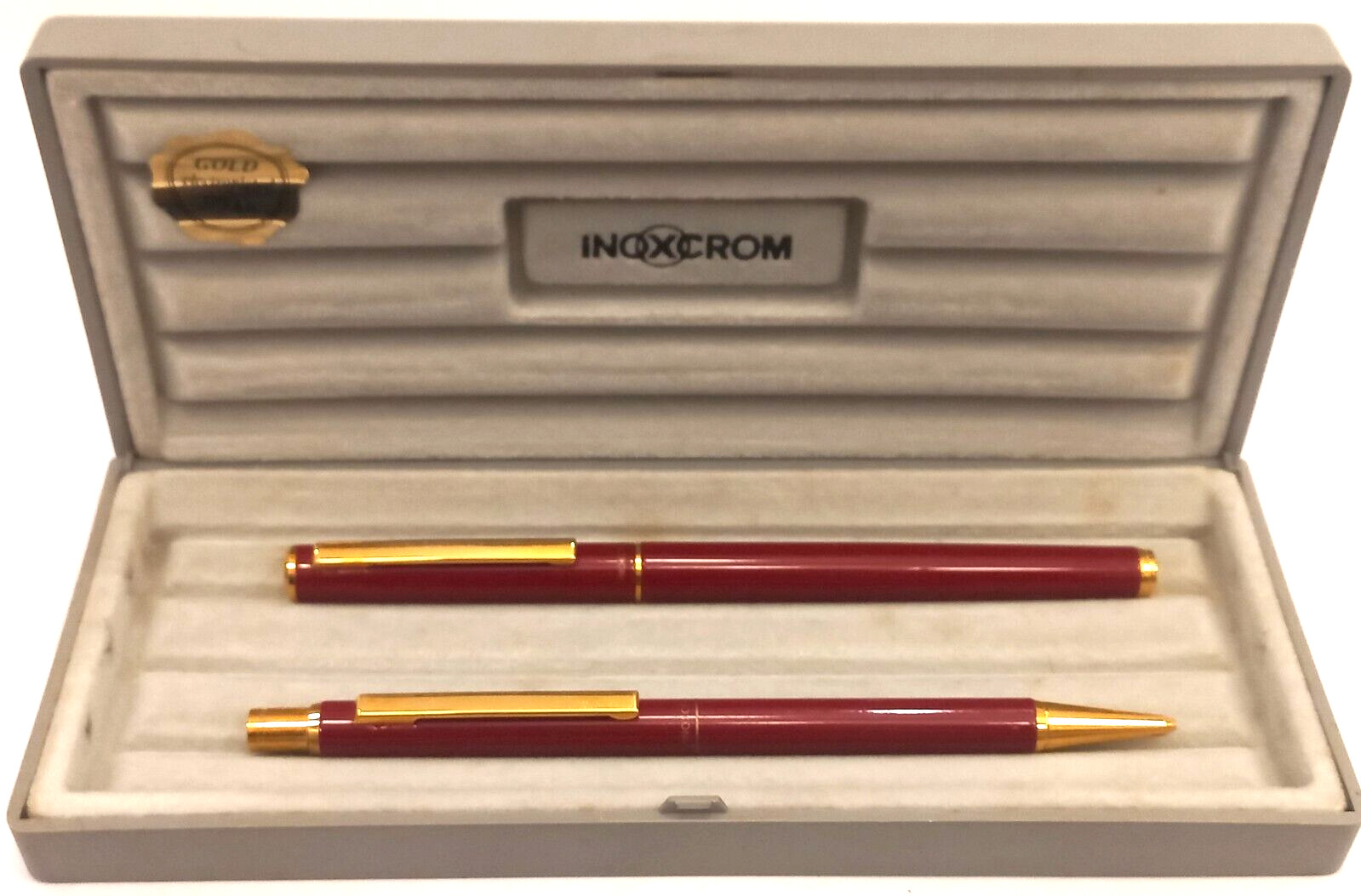 Inoxcrom — Fountain pen + Ballpoint set burgundy gold electroplated cased (BFP261) — Medium (M) nib — fountain pen for s