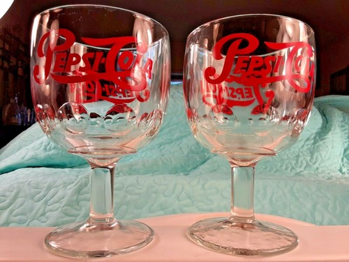 2 Vintage Pepsi-Cola Pedestal Thumbprint Stem Goblet Clear Glasses Red Letters - Picture 2 of 12