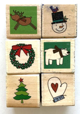 Christmas Rubber Stamps Set of 6 Small 1.25x1.25" Wood Mount Snowman Tree Mitten