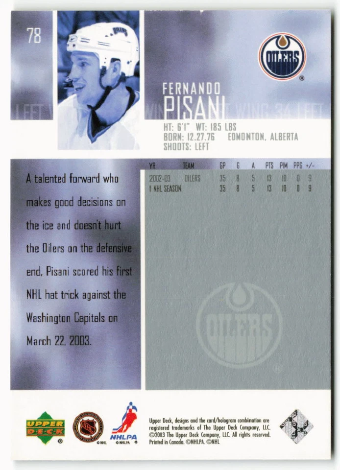 2003-04 Fernando Pisani Upper Deck - Edmonton Oilers - Image 2 of 2
