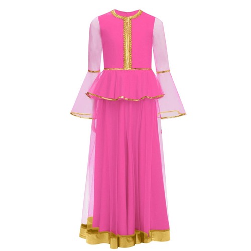 Kids Girls Dress Twirling Gown Sequins Costume School Stage Sheer Indian Dance - Picture 40 of 71