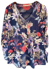 Soft Surroundings Women  s Blue Floral Stretch V Neck Blouse Tunic Size Small