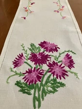 Vintage - Hand Embroidered Table Runner - Chrysanthemum Design - 36" Length