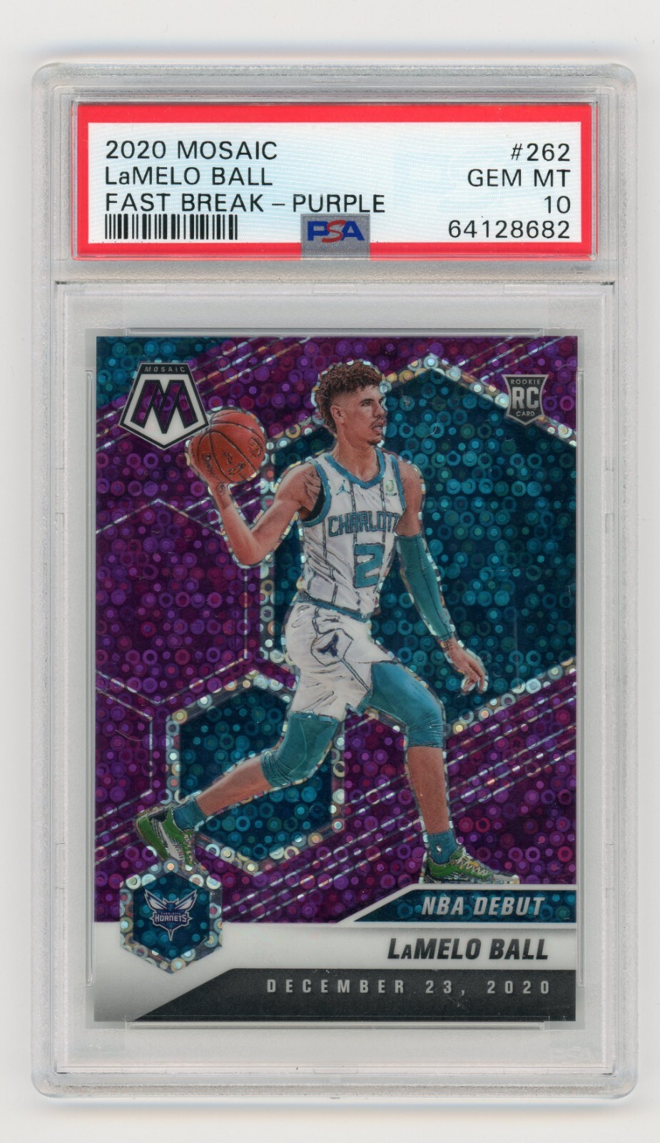 2020-21 Lamelo Ball Mosaic NBA Debut RC Purple Fast Break /50 PSA 10 SSP Hornets