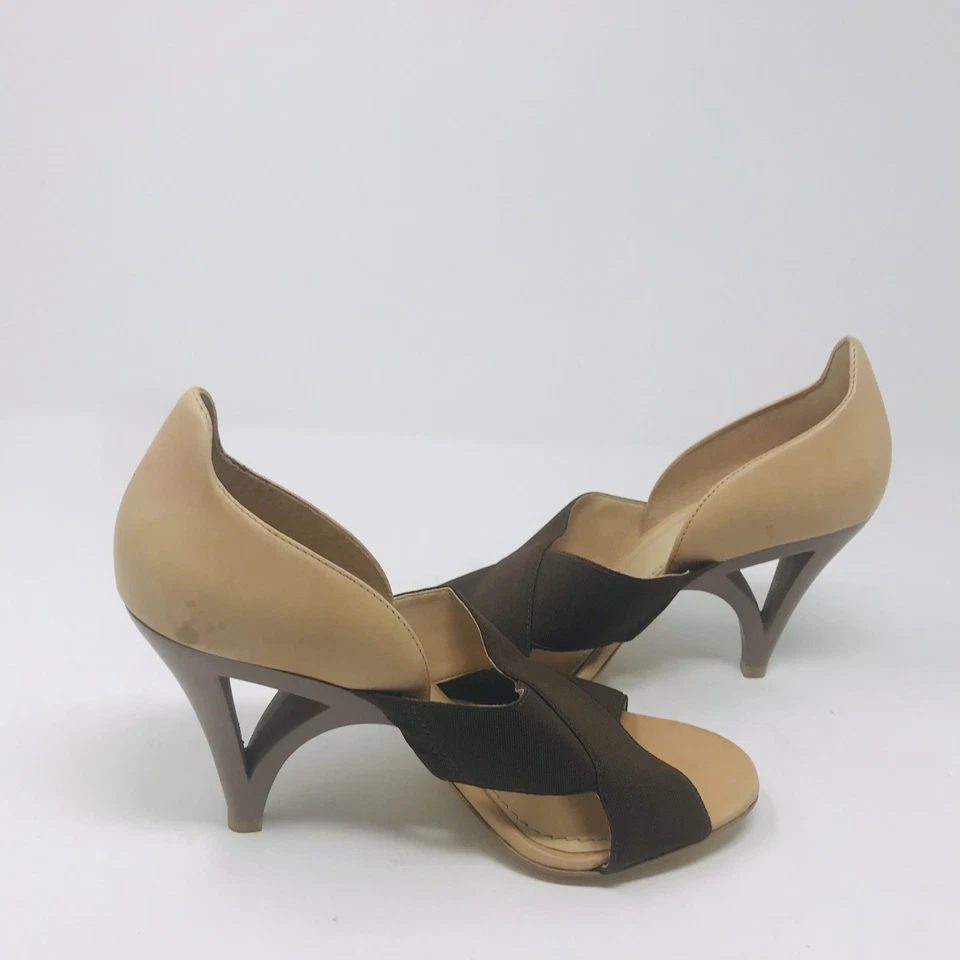 Bronx Women Size 7.5  Tan Leather Elastic Heels Sandals Peep Toe Geometric Heel - Image 4 of 4