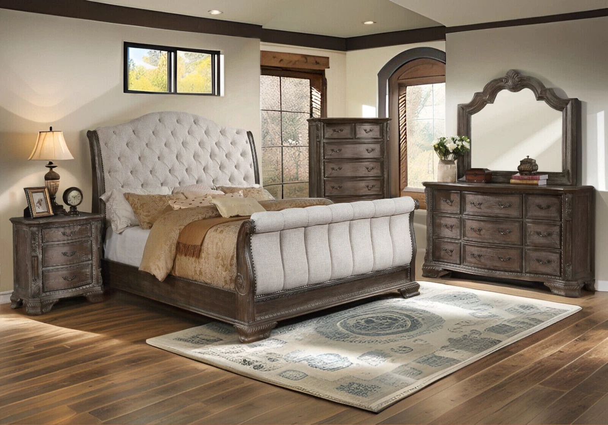 Classic Antique Walnut King Queen 5PC Sleigh Bedroom Set Traditional B D M N C