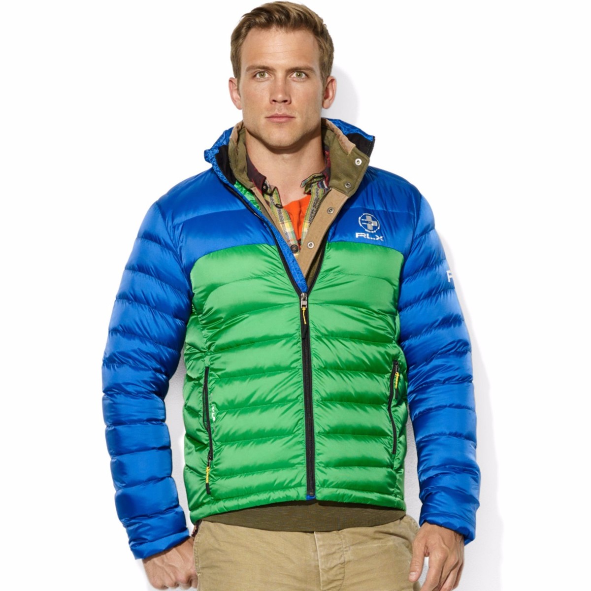 Polo Ralph Lauren Mens RLX Blue Green Color Block Down Puffer