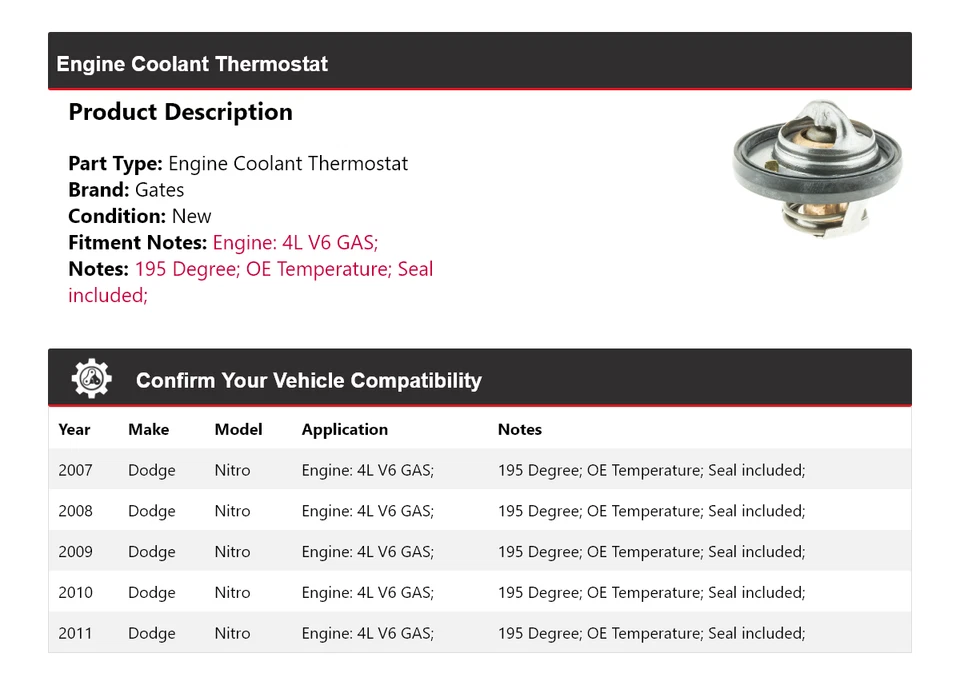 For 2007-2011 Dodge Nitro 4L V6 GAS Engine Coolant Thermostat Gates 2008 2009 - Image 2 of 4