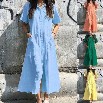 Women's new button casual pocket short sleeved dress