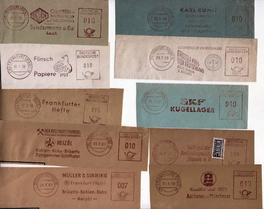 ZB23 Frankfurt 10 verschiedene alte Absenderfreistempel von 1958-1961 - Bild 1 von 1