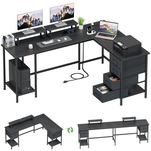 66" L Shaped Computer Desk, 94.4'' Home Office Desk with Power Outlets, 4 Adj...