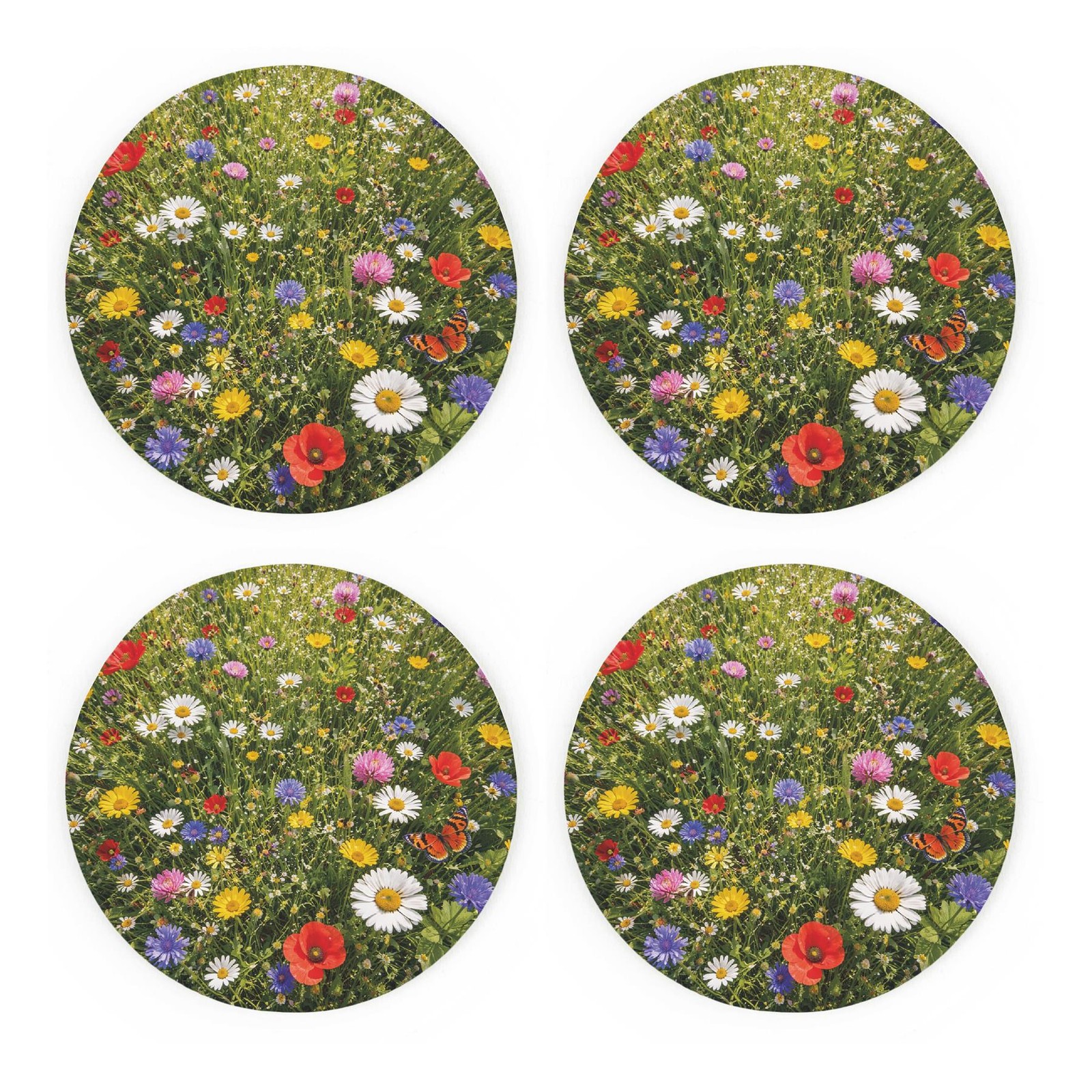 Meadow Flowers Ceramic Coaster Set - Floral Round Table Coasters Gift, Set of 4