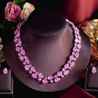 Romantic Pink Cubic Zirconia Necklace Earrings Silver Plated Bridal Jewelry Set