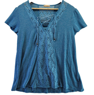 Energe World Wear Shirt Women XL Extra Large Blue Striped Lace Tassle Fairy Core
