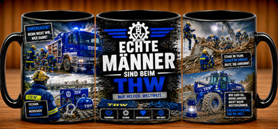 Echte Männer sind beim THW Collage Tasse schwarz Retter in der Not Hommage