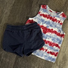 Girls Outfit Set Size 10/12 Tie Dye Patriotic Tank Top Navy Shorts Cat Jack