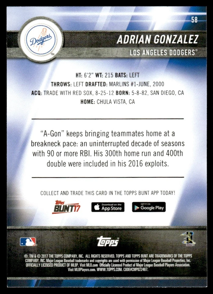 2017 Topps Bunt Blue Adrian Gonzalez Los Angeles Dodgers #58 - Image 2 of 2