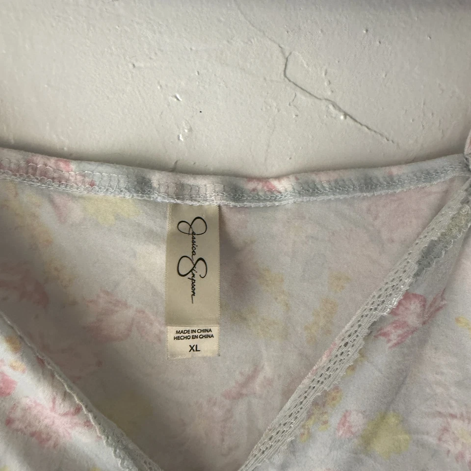Jessica Simpson 背心上衣 Y2k XL 粉红色黄色花卉花边装饰吊带背心 — 第 4/4 张图片
