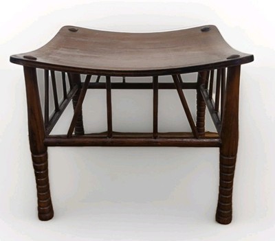 Antique Primitive Curved Seat Wood Thebes Stool Turned Legs Oak Vintage  Bench