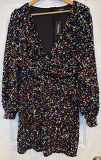 Boohoo Sequined balloon sleeve plunge mini dress , US8