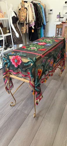 Vtg 70’s Hand Embroidered Folk Art Net Shawl Large Floral Wrap Bohemian Textile