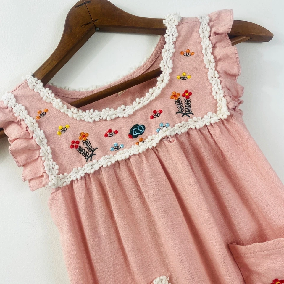 Girls Pink Blush Linen Blend Embroidered Dress Ruffle Sleeves Pockets Size 130 - Image 2 of 4