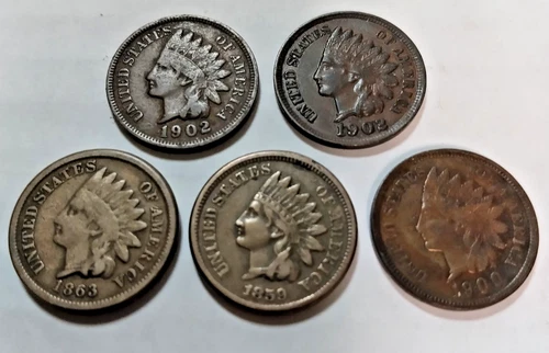 lot of 5 Indian Head Pennies  1859, 1863, 1900, 1903
