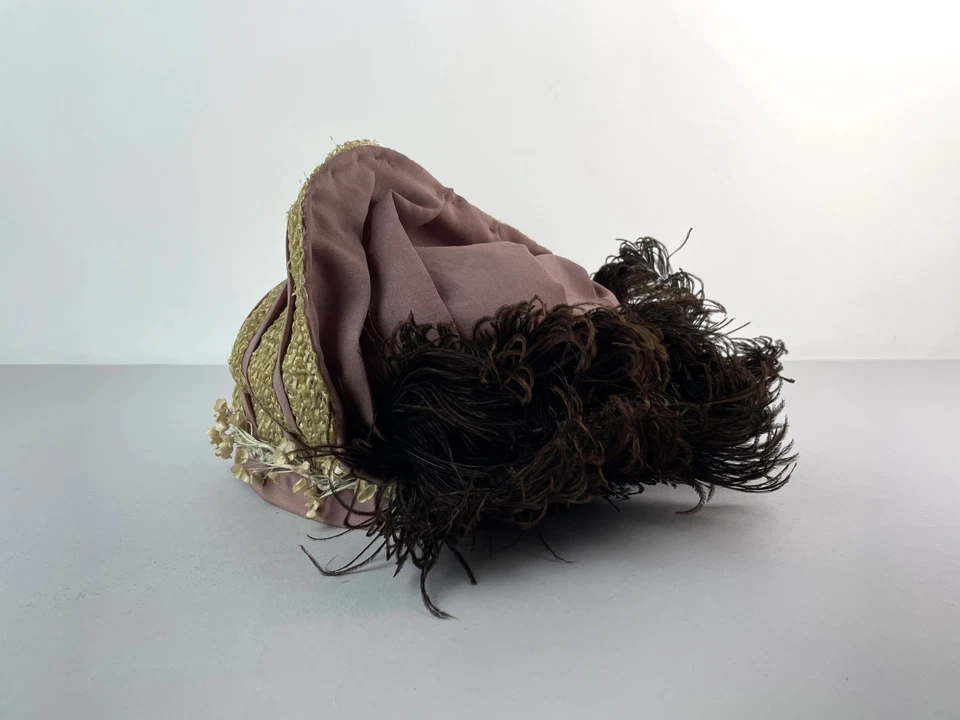 Antique 1915 WW1 Era Ladies Straw Floral Ribbon Feather Hat 26.5" Brim - Image 2 of 4