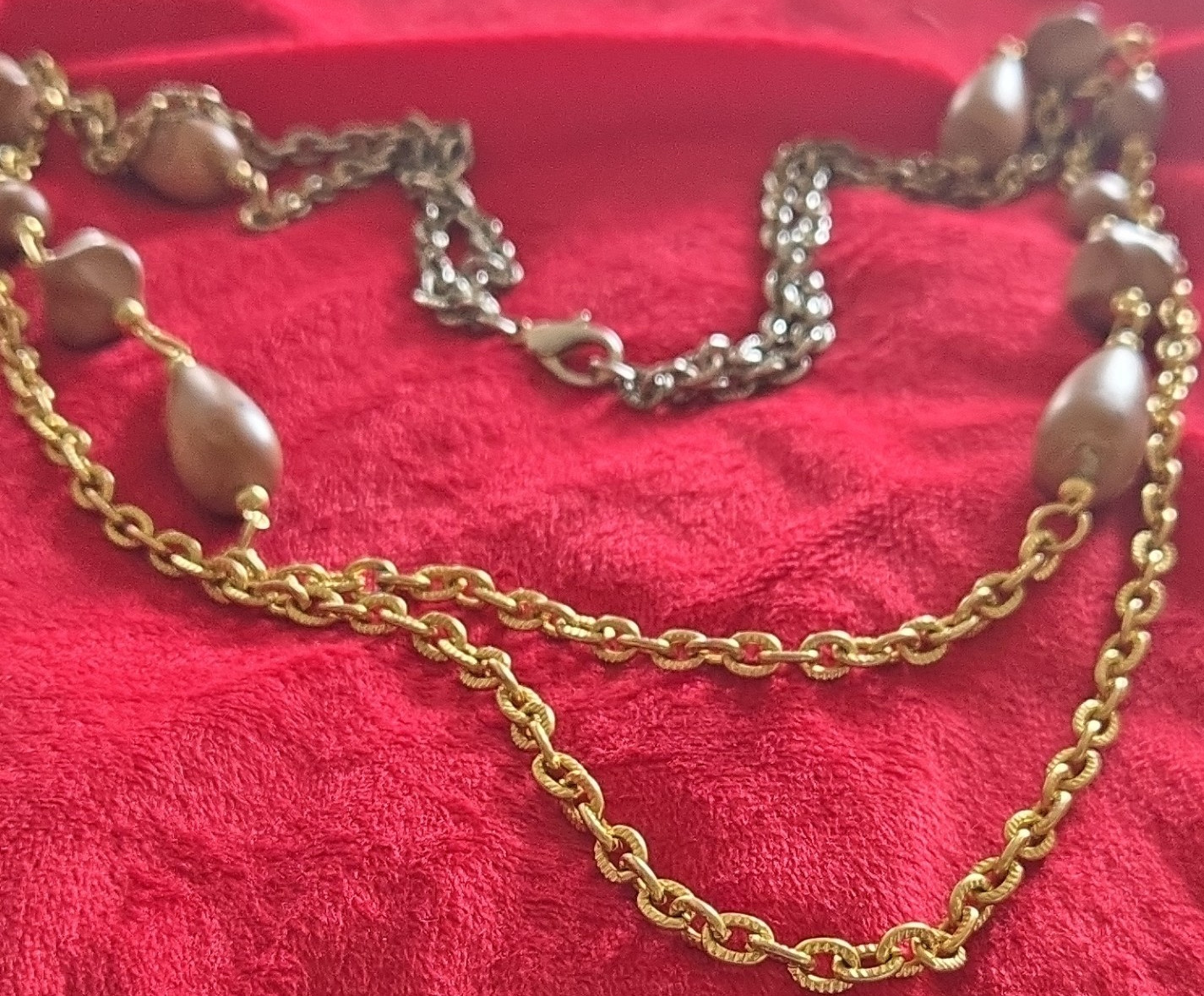 gold & silver tone cable chain necklace pink teardrop stone beads lobster