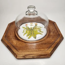 Vtg 1970s Goodwood Cheese Charcuterie Board Glass Dome Ceramic Platter Knife 12”