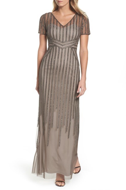 NWT Audrianna Papell Short Sleeve Beaded  Slip Gown Dress Gray Lead Women 8 $299