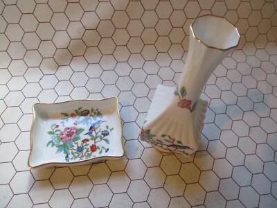 Blue Bird Trinket Dish and Bud Vase Anysley Pembroke Gold Trim Lot of 2