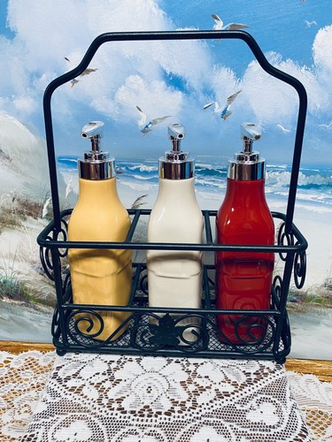 Longaberger Condiment Set Ketchup/Mustard/ Mayo Pumps w/Wrought Iron Caddy NEW