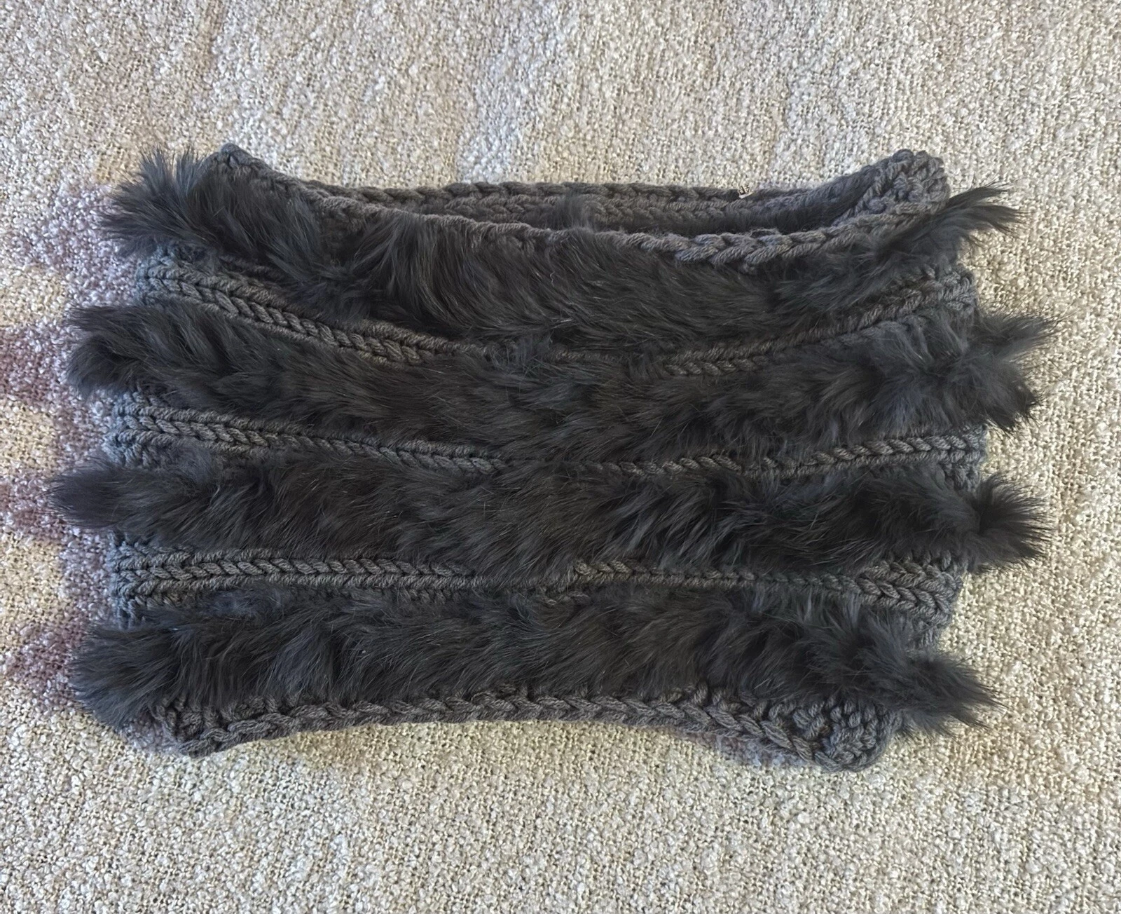Buji Baha Knit and Rabbit Cowl Collar Loop Scarf Gray Knit Fur Warmer Muff