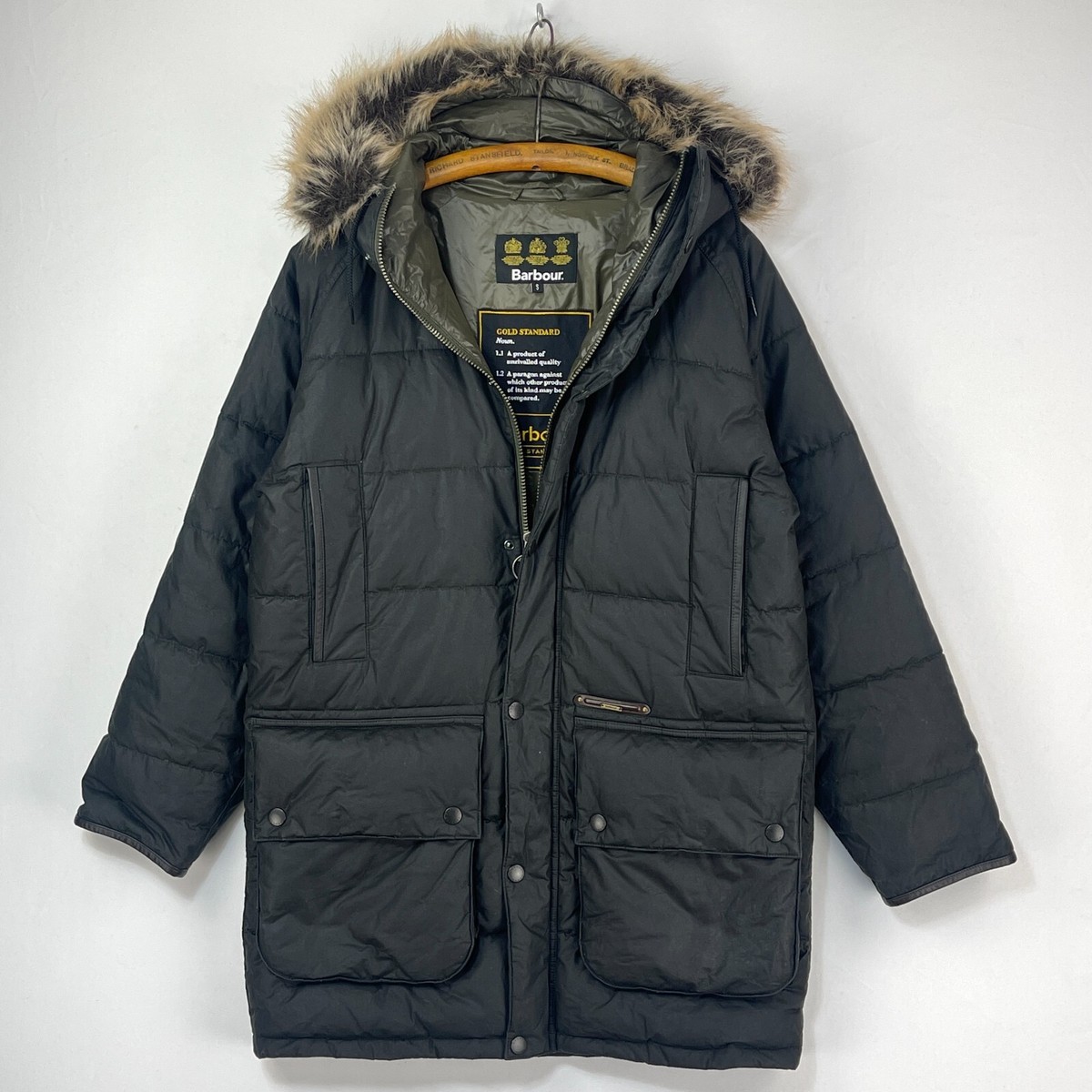 Barbour Gold Standard Wax Parka Jacket Mens Small Green Hooded - Main Image