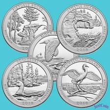 2018-S FIVE NATIONAL PARKS QUARTERS PICTURED APOSTLE VOYAGEURS CUMBERLAND BLOCK
