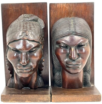 Native South Central American Pair of Carved Wood Bookends | 8 x4 x3.5 
