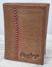 Rawlings Genuine Leather Trifold Wallet Brown Red Baseball Stitching